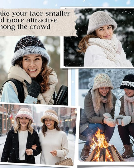YI HENG MEI Women Knit Bucket Hat, Fluffy Winter Fisherman Hat Fuzzy Soft Warm Beanie Caps Women Cloche Caps Warm Bowler Hats