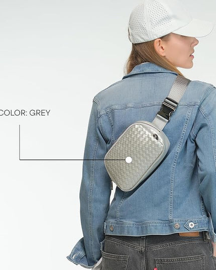 C.C Woven Vegan Leather Fanny Pack – Waist Bag with Adjustable Strap, Crossbody Belt Bag (Vegan Leather Woven - Grey)
