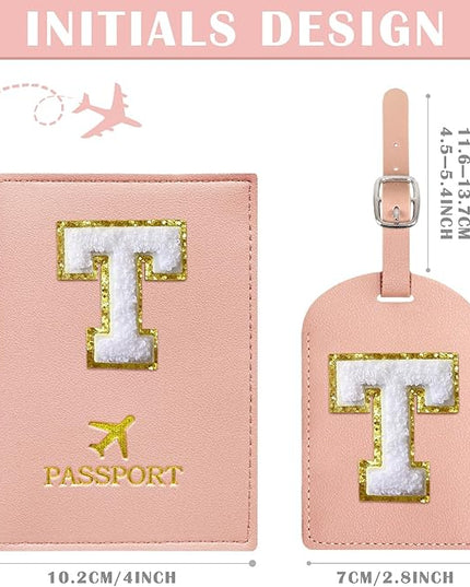 COSHAYSOO Personalized Passport Cover Holder and Initial Luggage Tag Set with Chenille Letter Patch for Women Teen Girls Couples, Preppy Travel Bag Suitcase Identifier Pink T