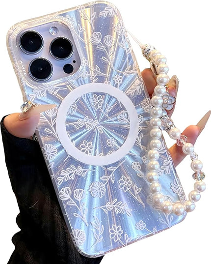 Compatible with iPhone 15 Pro Cases,Cute Flower Phone case with Floral Pearl Chain,Compatible MagSafe Silicone Shockproof Phone case for Women and Teenage Girls.