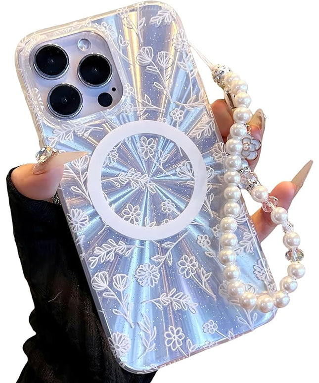Compatible with iPhone 15 Pro Cases,Cute Flower Phone case with Floral Pearl Chain,Compatible MagSafe Silicone Shockproof Phone case for Women and Teenage Girls.