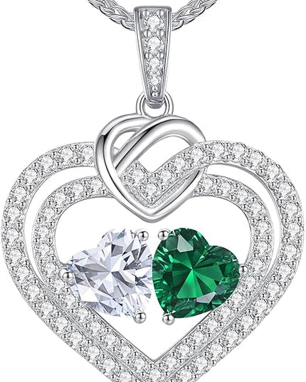 LOUISA SECRET Sparkling Double Heart Birthstone Necklaces for Women, 925 Sterling Silver Fine Jewelry, Pendant Heart Necklaces Birthday Anniversary Christmas Gift for Women Wife Mom Girlfriend Lady