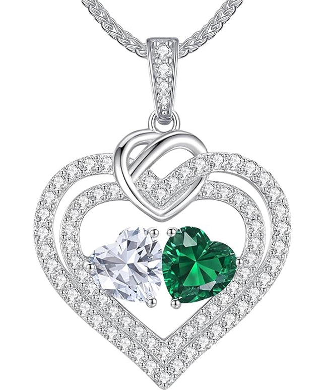 LOUISA SECRET Sparkling Double Heart Birthstone Necklaces for Women, 925 Sterling Silver Fine Jewelry, Pendant Heart Necklaces Birthday Anniversary Christmas Gift for Women Wife Mom Girlfriend Lady