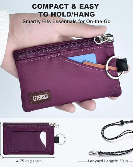 RFID Travel Wallet with Adjustable Lanyard-Zipper Small Wallet with ID Card Holder, Keychain for women&men-Minimalist Slim Waterproof Nylon case for ID, Cash, Key (Plum Wine)