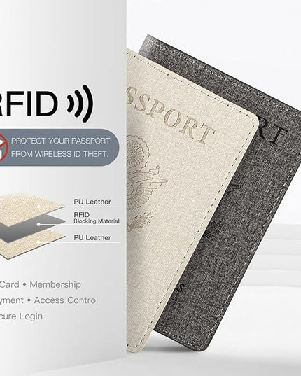 2 Pack Unisex Adult Faux Leather Passport Holder,Honeymoon Gifts,Travel Essentials-Rfid Blocking,White&Gray