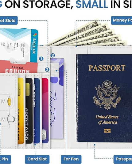 Passport Holder for Travel Essentials, RFID Blocking Leather Cover Wallet with Magnetic Closure, Aesthetic & Cute Passport Book Case for Women and Men - BlueFloral