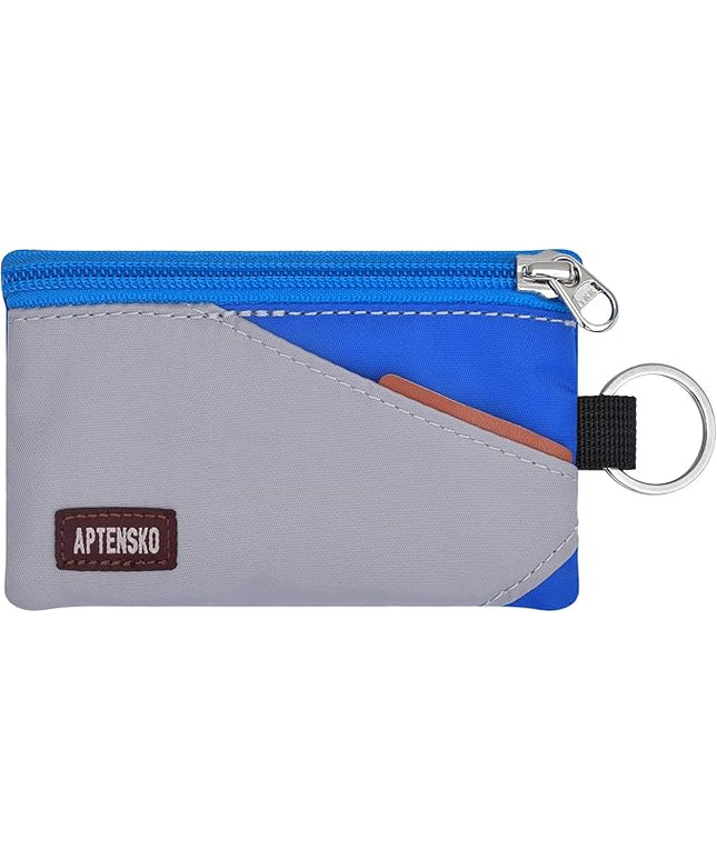 RFID Travel Wallet with Adjustable Lanyard-Zipper Small Wallet with ID Card Holder, Keychain for women&men-Minimalist Slim Waterproof Nylon case for ID, Cash, Key (Grey+Blue)