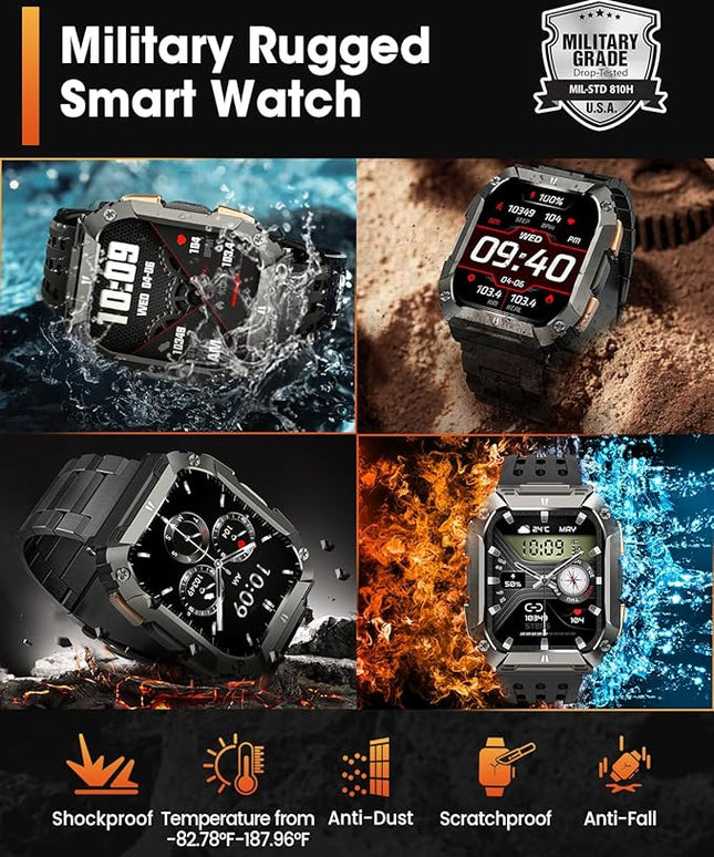 Smart Watches for Men, 1.95'' Fitness Watch: Military Smart Watch with 100 Days Battery Life/Call/Flashlight, Waterproof Sport Smartwatch for Android iPhone Sleep/SpO2/Heart Rate Monitor/Step Tracker