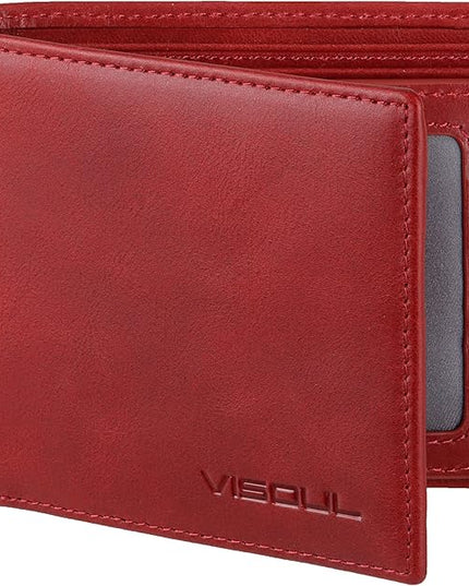 VISOUL Leather Mens Bifold RFID Blocking Wallet with 2 ID Windows, Leather Wallet for Men (Leather, Burgundy)