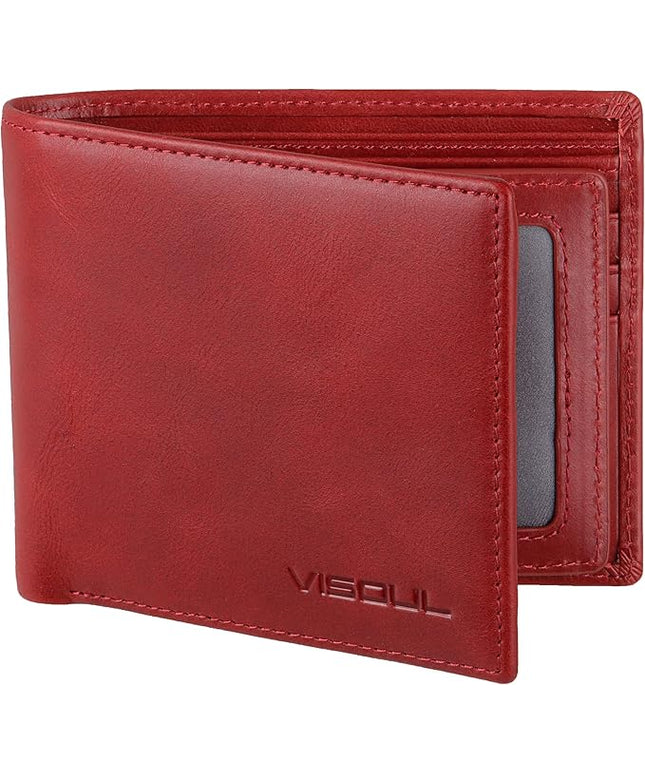 VISOUL Leather Mens Bifold RFID Blocking Wallet with 2 ID Windows, Leather Wallet for Men (Leather, Burgundy)