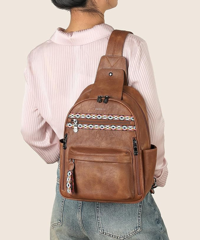 FADEON Large Sling Bag for Women, Leather Crossbody Purse Designer Anti Theft Sling Backpack, RFID Fanny Packs for Travel