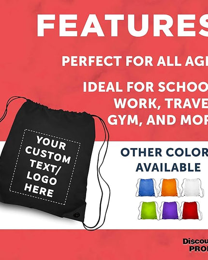 DISCOUNT PROMOS Custom Classic Polyester Drawstring Bagpack Set of 10/50/100, Personalized Bulk Pack - Great for Travelling, Gym and for Everyday Use - Black