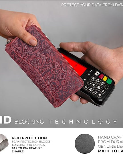 Red Embossed Wallet for Women - Leather RFID Womens Wallet Clutch with 8 Credit Card Holder, Coin Pocket, Gift for Women’s