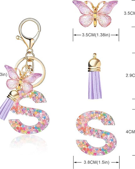 Fashion Alphabet Initial Letter Keychain Tassel Butterfly Pendant Key Ring for Purse Handbags Women Girl