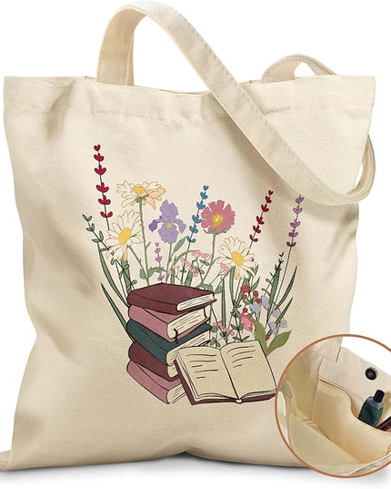 Aesthetic Tote Bag for Girls - with Magnetic Buckle and Zipper Inner Pocket for Women Lady Canvas Cotton Tote Bag