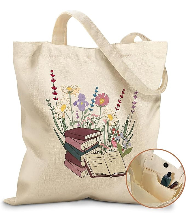 Aesthetic Tote Bag for Girls - with Magnetic Buckle and Zipper Inner Pocket for Women Lady Canvas Cotton Tote Bag