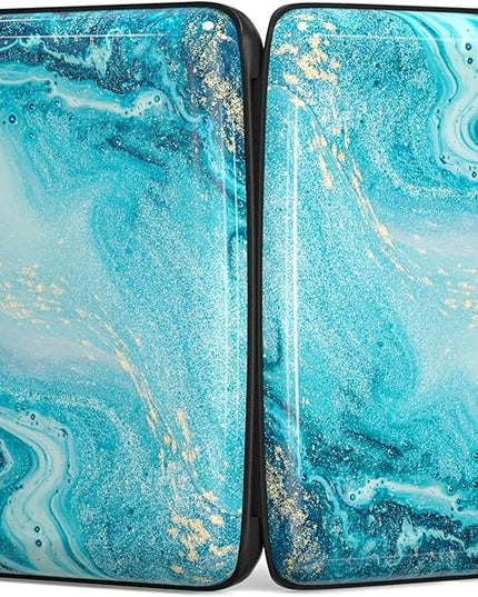 Atufsuat Credit Card Holder, Mini Aluminum Card Wallet RFID Blocking Slim Metal Hard Card Case for Women Men, Blue Ocean Marble