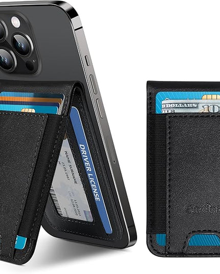 Phone Wallet Stick On, Upgraded Phone Wallet with Adjustable Stand, Open ID Window, 8-Card Holder, Stronger 3M Adhesive Credit Card Holder for Back of Phone Case, iPhone, Samsung and Android, Black