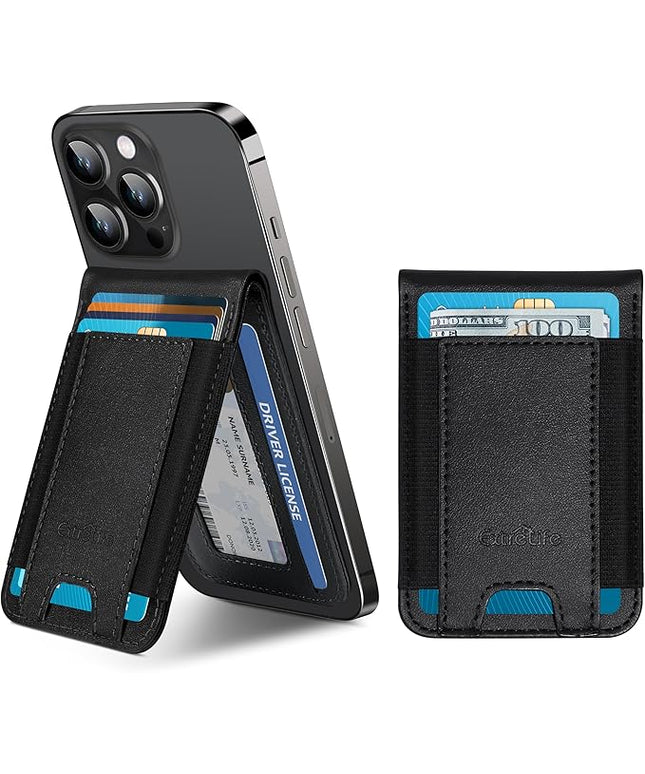 Phone Wallet Stick On, Upgraded Phone Wallet with Adjustable Stand, Open ID Window, 8-Card Holder, Stronger 3M Adhesive Credit Card Holder for Back of Phone Case, iPhone, Samsung and Android, Black