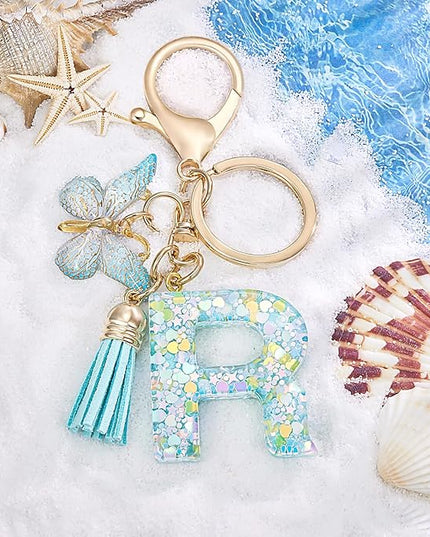 Fashion Alphabet Initial Letter Keychain Tassel Butterfly Pendant Key Ring for Purse Handbags Women Girl