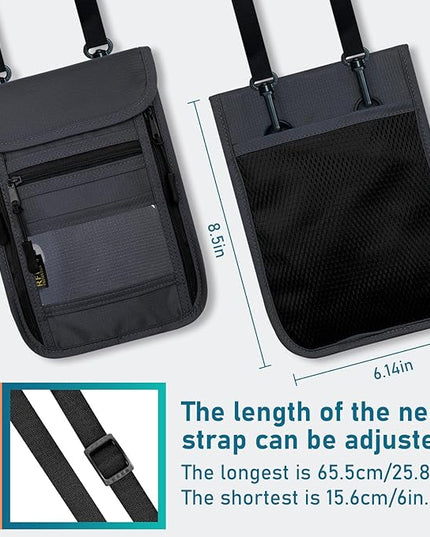 sundee Travel Neck Wallet with Double Zippers, RFID Blocking Passport Holder with Adjustable Neck Strap to Keep Cash, Credit Cards and Travel Documents Safe - Dark Gray
