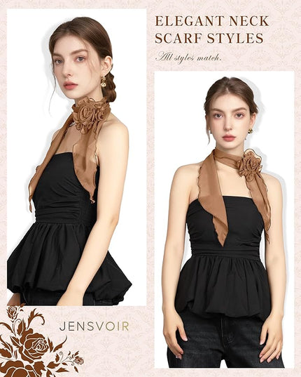 Chiffon Scarf for Women, Removable Flower Neck Scarf Light Soft Fashion Rose Scarves Versatile Headband or Hair Band