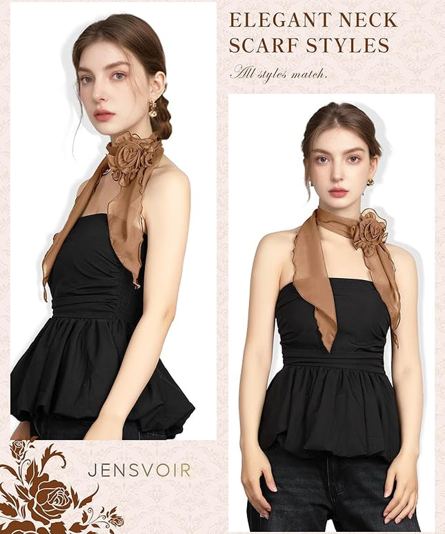Chiffon Scarf for Women, Removable Flower Neck Scarf Light Soft Fashion Rose Scarves Versatile Headband or Hair Band