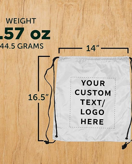 DISCOUNT PROMOS Custom Classic Polyester Drawstring Bagpack Set of 10/50/100, Personalized Bulk Pack - Great for Travelling, Gym and for Everyday Use - White