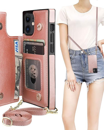 Bocasal Crossbody Wallet Case for iPhone 12 Mini with Card Holder,Zipper Card Slot Protector Shockproof Purse Cover with Removable Cross Body Strap 5.4 Inch(Rose Gold)