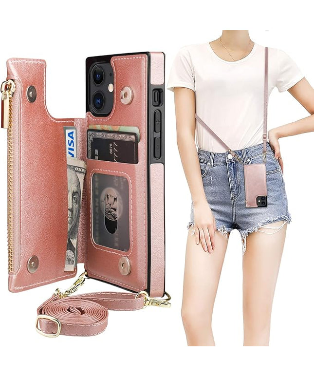 Bocasal Crossbody Wallet Case for iPhone 12 Mini with Card Holder,Zipper Card Slot Protector Shockproof Purse Cover with Removable Cross Body Strap 5.4 Inch(Rose Gold)