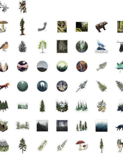 BulbaCraft 100Pcs Forest Stickers for Water Bottle and Laptop - Forest Party Supplies & Decorations, Waterproof Vinyl Decals, Nature and Tree Stickers, Gifts for Women & Men