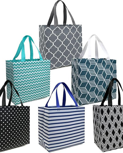 BeeGreen 6-Pack Foldable Reusable Grocery Bags – Large Cloth Tote Bag with Handles, Bulk Shopping- Bags in Geometric Design, Shopping Baskets, Utility Reusable Gift for Groceries