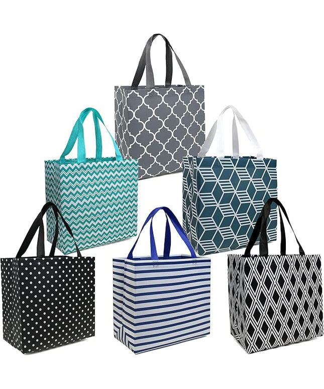 BeeGreen 6-Pack Foldable Reusable Grocery Bags – Large Cloth Tote Bag with Handles, Bulk Shopping- Bags in Geometric Design, Shopping Baskets, Utility Reusable Gift for Groceries