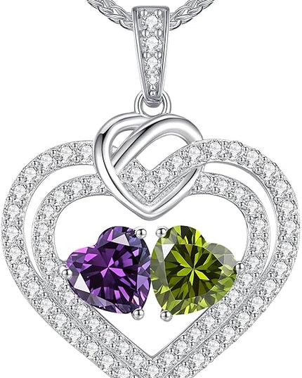LOUISA SECRET Sparkling Double Heart Birthstone Necklaces for Women, 925 Sterling Silver Fine Jewelry, Pendant Heart Necklaces Birthday Anniversary Christmas Gift for Women Wife Mom Girlfriend Lady