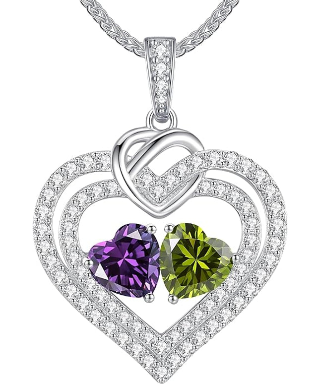LOUISA SECRET Sparkling Double Heart Birthstone Necklaces for Women, 925 Sterling Silver Fine Jewelry, Pendant Heart Necklaces Birthday Anniversary Christmas Gift for Women Wife Mom Girlfriend Lady