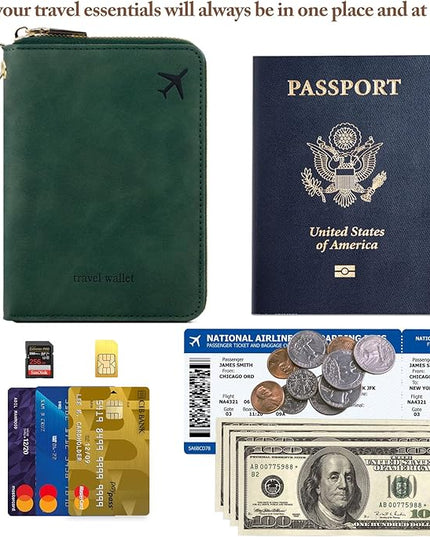 Passport Holder for Travel Women and Men RFID Passport Holder with Card Slots Holder Passport Case Passport cover Passport Wallet Travel Essentials and Accessories (Short Zipper, SZH-Green)
