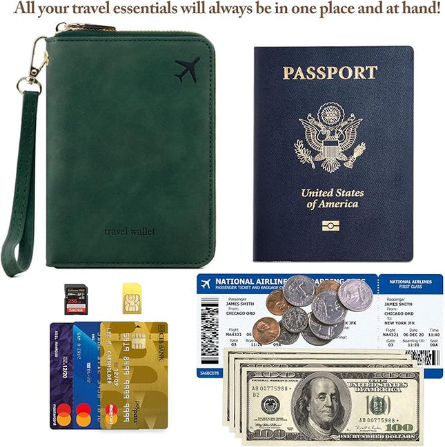 Passport Holder for Travel Women and Men RFID Passport Holder with Card Slots Holder Passport Case Passport cover Passport Wallet Travel Essentials and Accessories (Short Zipper, SZH-Green)
