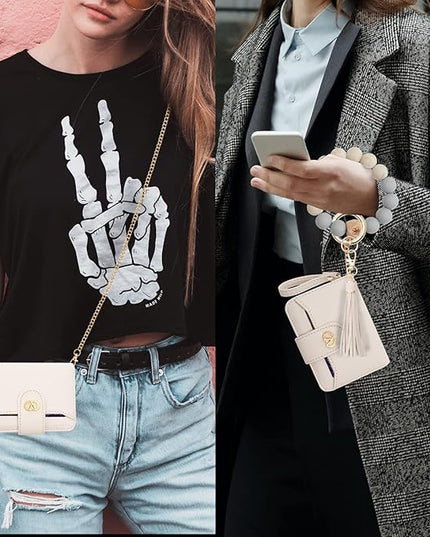 Multi-Purpose Wallet High Capacity Card Holder Zipper Coin Purse with Wristlet Bracelet Keychain Silicone Beaded Bangle Key Ring