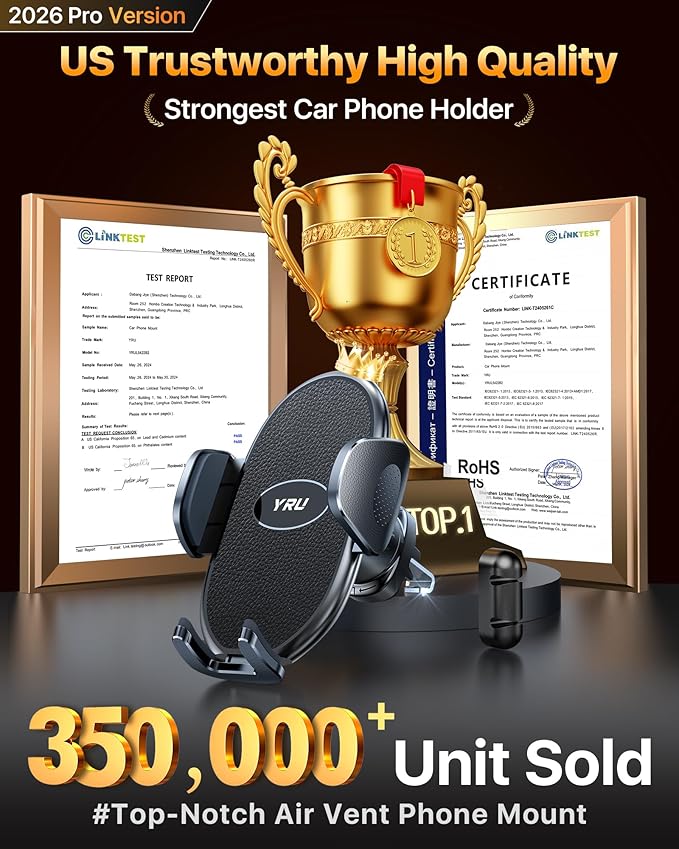 YRU Phone Holders for Your Car [2026 Upgraded Military Metal Hook], Cellphone Holder Car[No Fear of Bumps] Vent Phone Mount Truck Compatible with iPhone17 16 15 14 13 12 Samsung Android, Black