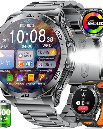 SUNKTA Military Smart Watch for Men,1.6" AMOLED Screen/600mAh Battery/5ATM Waterproof Smartwatches (Answer/Dial Calls) Fitness Tracker with Sleep Tracking/Heart Rate for Android iOS