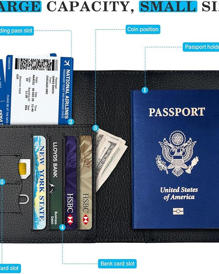 Passport Holder for Trave, RFID Blocking Leather Passport Cover, Combo with Credit Card Slot and Boarding Pass Slot Combo for Women Men
