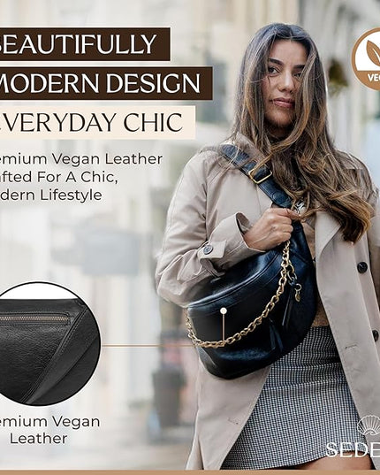 Anti Pickpocket Crossbody Bag – Large Vegan Black Leather Sling Bag with RFID & Glasses Pockets, Anti Theft Design, Multiple Compartments, Chain Detail Travel Crossbody Bag for Women