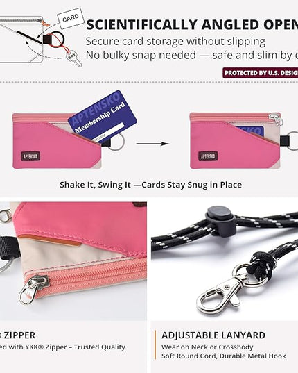 RFID Travel Wallet with Adjustable Lanyard-Zipper Small Wallet with ID Card Holder, Keychain for women&men-Minimalist Slim Waterproof Nylon case for ID, Cash, Key (Pink+Almond)
