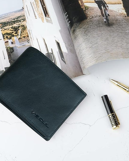 VISOUL Mens Bifold Leather RFID Blocking Wallet with 2 ID Windows, Soft Genuine Leather Card Holder Wallet with 2 Cash Compartments for Men (Dark Blue)
