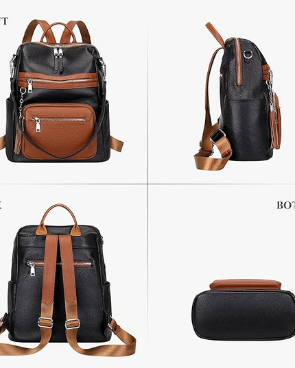 ALTOSY Genuine Leather Backpack Purse for Women Large Shoulder Bag With Laptop Compartment Multiple Pockets (S106 Black/Brown)