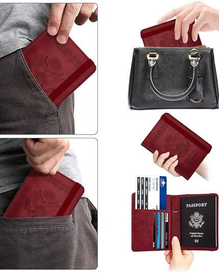 WALNEW Passport Holder for Travel, RFID Passport Cover Wallet for Women Men, PU Leather Passport Book Card Holder Case with Pen, Travelling Essentials for Flying
