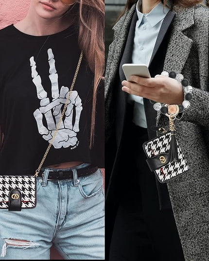 Multi-Purpose Wallet High Capacity Card Holder Zipper Coin Purse with Wristlet Bracelet Keychain Silicone Beaded Bangle Key Ring