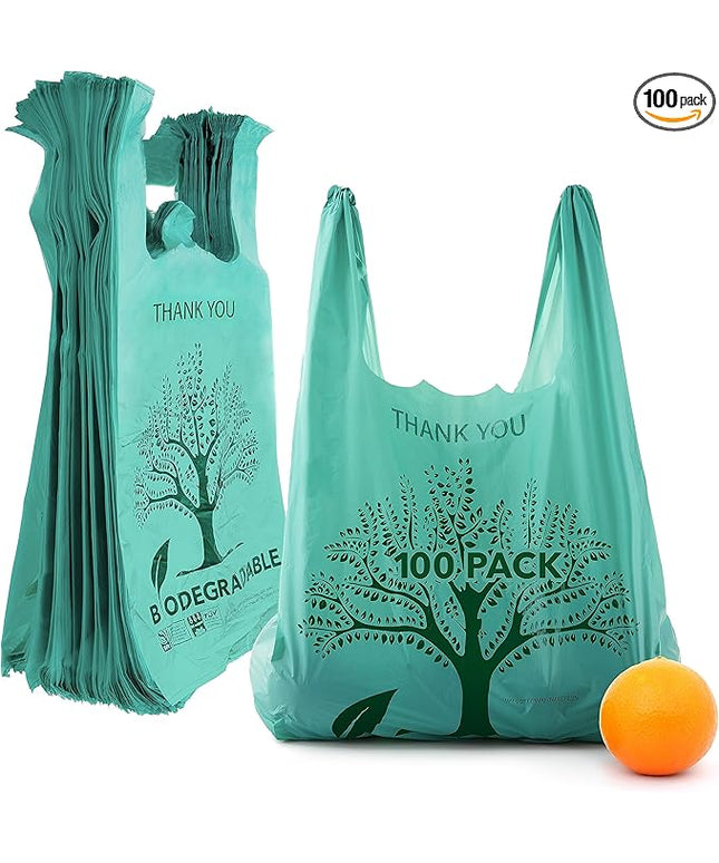 100 Pack Thank You Bags Disposable Eco Grocery T-Shirt Bag with Handles for Supermarket, Groceries, Produce, Shopping, Trash, Small Commercially Compostable Baggies Bulk