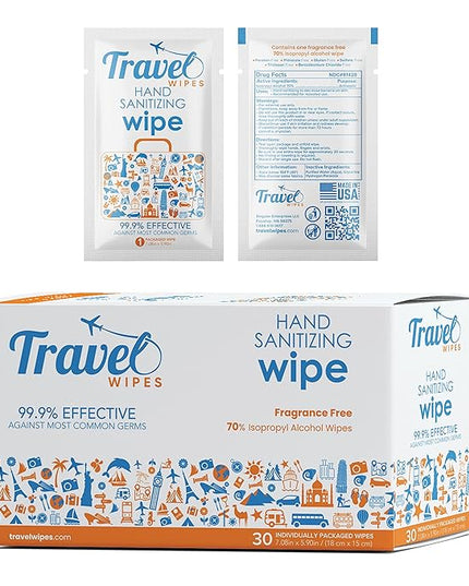 Hand Sanitizing Travel Wipes – 30ct Individually Wrapped | Fragrance-Free, Moisturizing, 70% Isopropyl Alcohol Wipes | Travel, Home, Office, Daily Use | Made in USA