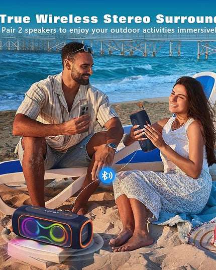 MusiBaby Portable Bluetooth Speakers with Lights, 80W Loud Outdoor Wireless Speaker with Stereo Sound, IPX5 Waterproof, 24H Playtime, BT 5.3, FM, for Home/Travel/Praty Valentines Gifts (Blue)